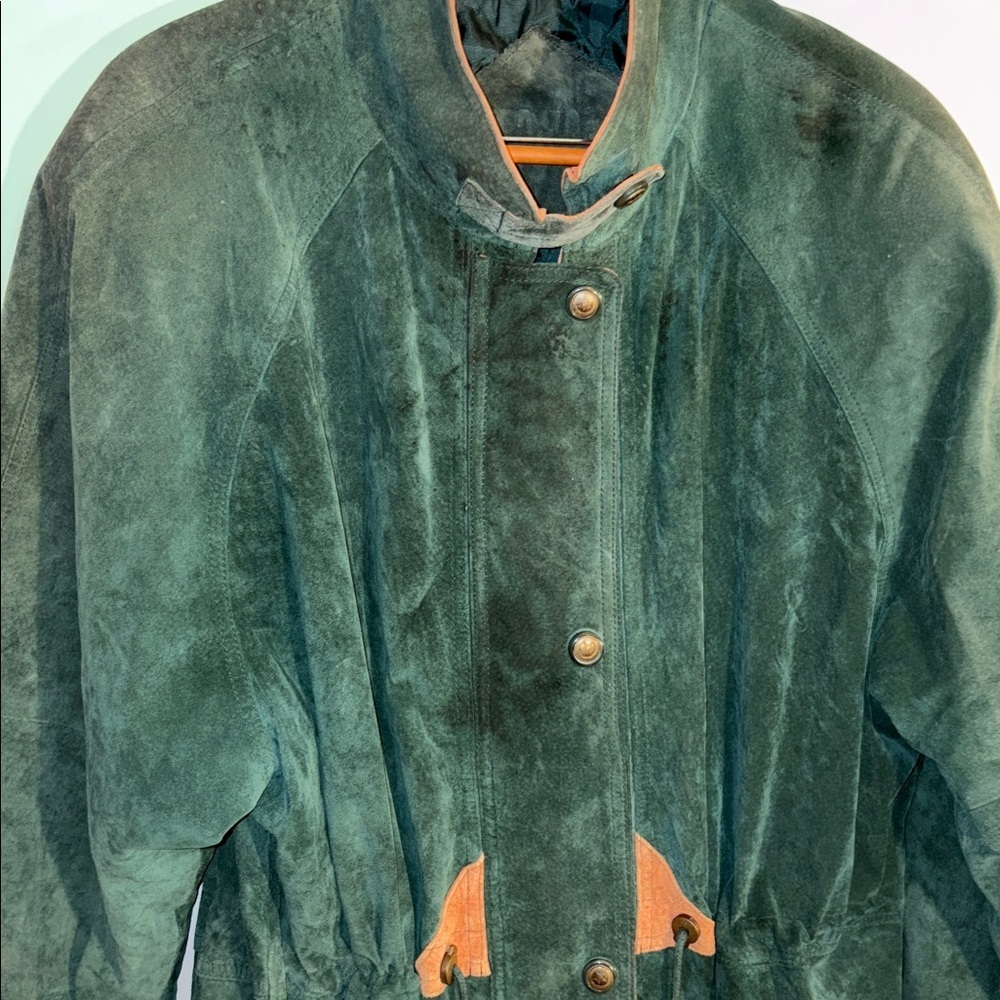 Vintage 1990s Dark Green Suede Jacket with Tan Accents Winter Fashion Coat 2X - Picture 6 of 17